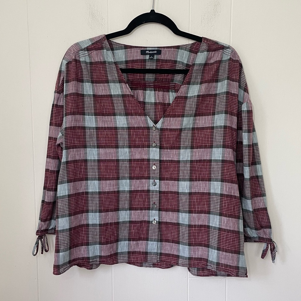 Madewell 3/4 Sleeve Lightweight Plaid Peasant V-neck Blouse Top ~ Size S
